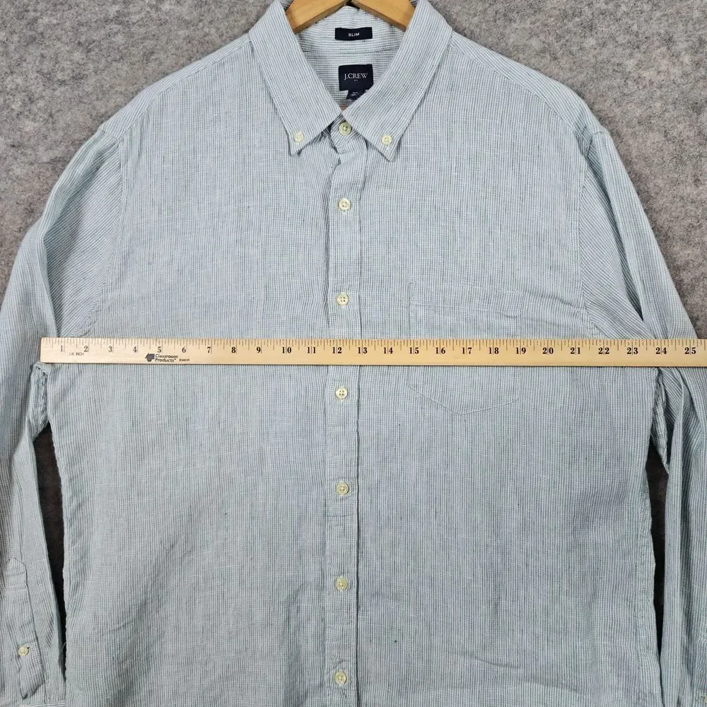 J Crew Green & White Striped Linen/Cotton Size‎ XL Slim Fit Shirt MINOR SNAGS